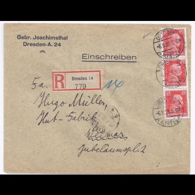 DR 1928, 3er Streifen 15 Pf. Kant, MeF auf Einschreiben Brief v. Dresden. #1071