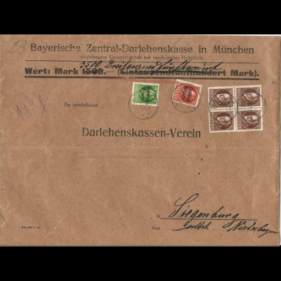 Bayern 1920, 4er-Block 50 Pf.+5+10 Pf. auf Bank Wert Brief v. München.
