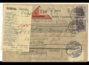 DR 1914, MeF Paar 50 Pf. m. WZ auf Nachnahme Paketkarte v. Zerbst i.d. Schweiz.