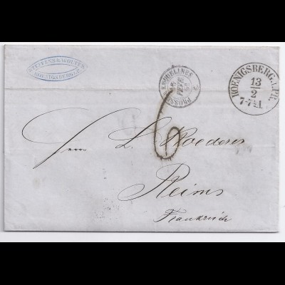 Preussen Frankreich 1861, klarer K1 Königsberg auf Brief Porto Stempel "6".#154