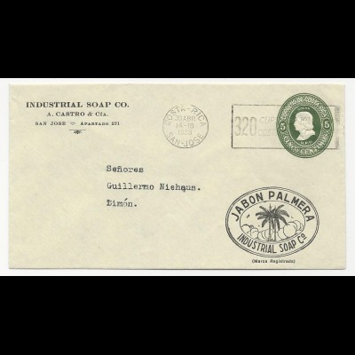 Costa Rica 1938, gebr. 5 C. Ganzsache Brief m. Reklame Zudruck Jabon Palmera