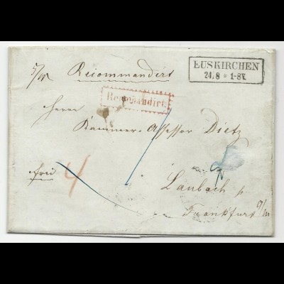 Preussen 1859, R2 Euskirchen auf Einschreiben Brief n. Laubach, Taxis Gebiet