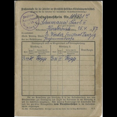 DR 1926, Aufnahmeform. Pr.-Hess. Eisenbahn Gemeinsch. m. Cachetstpl. Königsberg
