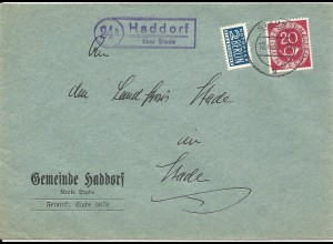 BRD 1952, 24a Haddorf über Stade, Landpoststellen Stpl. auf Brief m. 20 Pf.