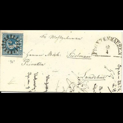 Bayern 1853, MR 96 Frontenhausen auf kl. Brief m. 3 Kr. n. Lamdshut. (Sem + 150)
