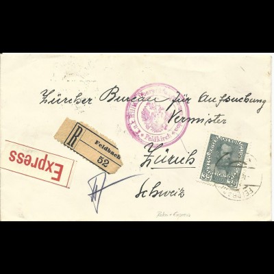 Österreich 1916, Einschreiben Express Brief v. Feldbach i.d. Schweiz