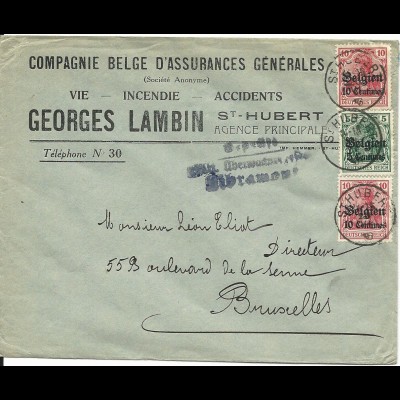  Belgien 1916, 5+2x10 C. auf Brief v. St. Hubert m. Zensur-L3 v. Libramont. 
