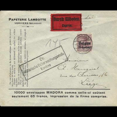Dt. Besetzung Belgien 1917, EF 60 C. auf Eilboten Zensur Brief v. Verviers.