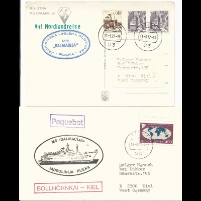 2 Kiel Schiffspost Briefe m. versch. Jugoslawien Schiffs Stempeln