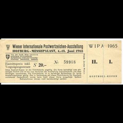 Österreich WIPA 1965, ungebrauchte Eintrittskarte