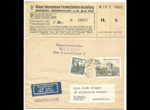 Österreich WIPA 1965, offiz. Brief + Eintrittskarte per Luftpost n. Australien