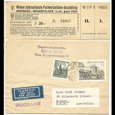 Österreich WIPA 1965, offiz. Brief + Eintrittskarte per Luftpost n. Australien