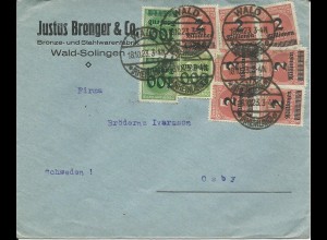 DR 1923, 10 Marken auf Firmen Brief v. Wald Rheinland n. Schweden. #3064