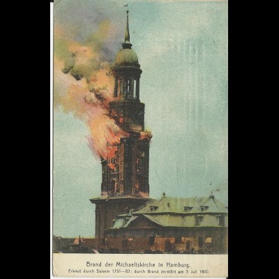 Hamburg, Brand der Michaeliskirche 1905, gebr. Farb AK. #3083
