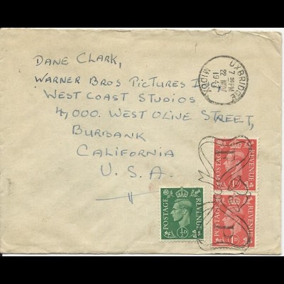 Schauspieler Dane Clark, GB Brief v. 1947 an seine Warner Bros. Adresse. #3070