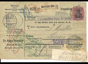 DR 1914, EF 80 Pf. auf Paketkarte v. Berlin i.d. Schweiz. Hds. Leitzettel!