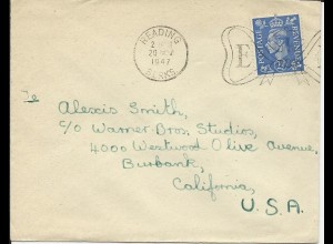Alexis Smith, GB Brief v. 1947 an ihre Warner Bros. Adresse. #3073