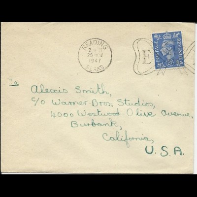 Schauspielerin Alexis Smith, GB Brief v. 1947 an ihre Warner Bros. Adresse #3073