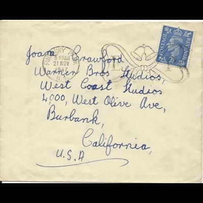 Joan Crawford, GB Brief v. 1947 an ihre Warner Bros. Adresse. #3071