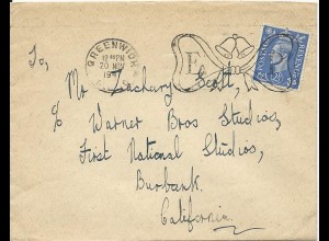 Zachary Scott, GB Brief v. 1947 an seine Warner Bros. Adresse. #3072