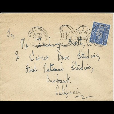Schauspieler Zachary Scott, GB Brief v. 1947 an seine Warner Bros. Adresse #3072