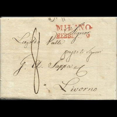 Lombardei 1833, roter L2 MILANO auf Brief n. Livorno Toscana. Italien. #3059
