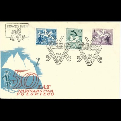 Polen 1957, Skisport, FDC m. 3 Werten komplett.
