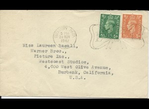 Lauren Bacall, GB Brief v. 1947 an ihre Warner Bros. Adresse in Burbank. #3069