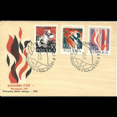 Polen 1957, Int. Kongress Kampf gegen das Feuer, FDC m. 3 Werten komplett.