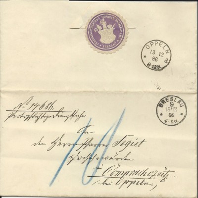 DR 1886, K1 Breslau 9. auf Portopflichtige Dienstsache Brief m. Porto "10" Pf.