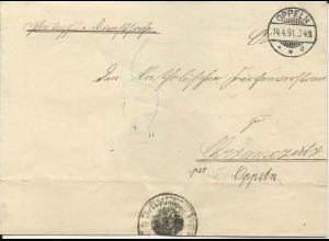 DR 1891,Portopflichtige Dienstsache Orts Brief v. Oppeln m. Porto "5" Pf.