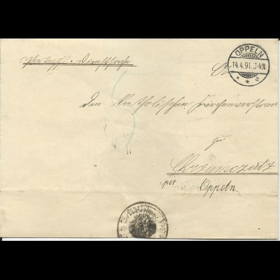 DR 1891,Portopflichtige Dienstsache Orts Brief v. Oppeln m. Porto "5" Pf.