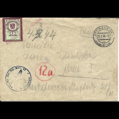 FP WK II 1944, Brief v. Pforzheim n. Österreich m. Gebührenmarke und Amtsstempel