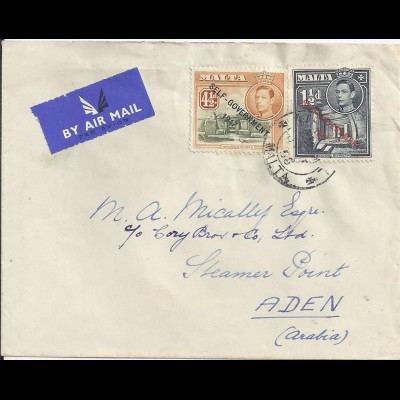 Malta 1950, 1 1/2+4 1/2d. auf Luftpost Brief nach Aden. Destination! #417