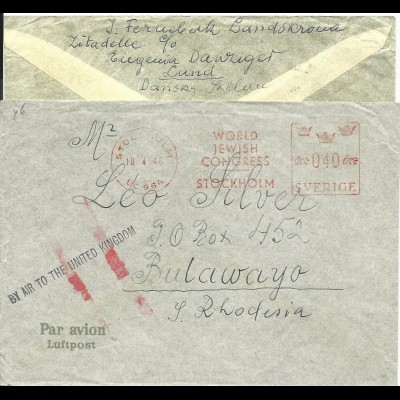 Schweden 1946, Luftpost Leitstpl. auf Brief m. Judaika Maschinenstempel