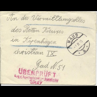 Österreich 1915, POW KGF Zensur Brief v. Haus n. Dänemark. #3052