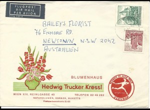 Österreich 1965, 1,50 + 10 S. auf Fleurop Luftpost Brief v. Wien n. Australien.