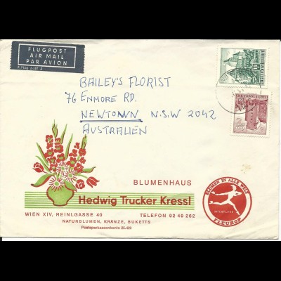 Österreich 1965, 1,50 + 10 S. auf Fleurop Luftpost Brief v. Wien n. Australien.