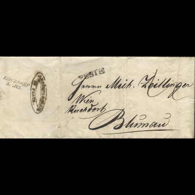 Österreich Ungarn 1843, L1 PEST auf Porto Brief n. Blumau via "Wien Kirchdorf"