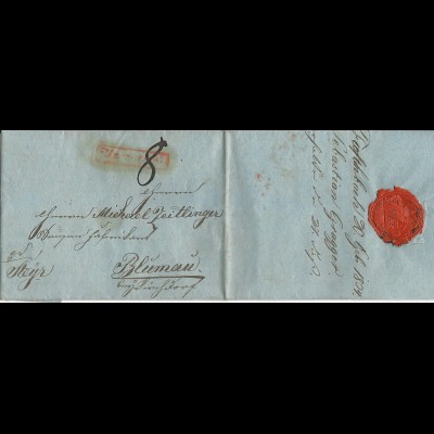 Österreich 1834, roter R1 Unzmarkt auf Porto Brief v. Tiefenbach n. Blumau 