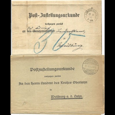 DR 1895/1934, 2 Post Zustellungsurkunden m. versch. Stpln. v. Laubuseschbach