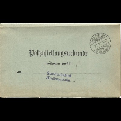 DR 1922, Post Zustellungsurkunde m. Stempel Philippstein (Oberlahnkreis)