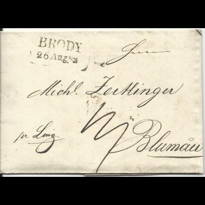 Österreich 1836, L2 BRODY auf Porto Brief "pr.Linz" n. Blumau