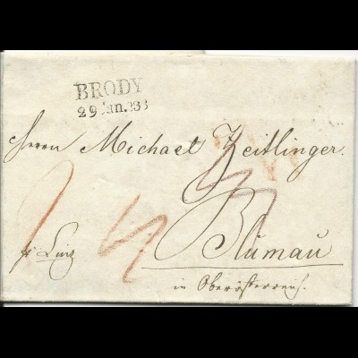 Österreich 1836, L2 BRODY klar auf Porto Brief pr. Linz n. Blumau
