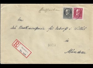 Bayern 1916, Reko-Zettel Bamberg 1 auf Einschreiben Brief m. 10+25 Pf. #1249
