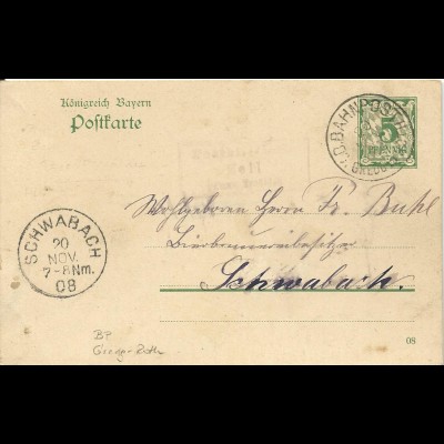 Bayern 1908, Posthilfstelle Zell Taxe Eysölden auf Karte m. Bahnpost Gredg-Roth
