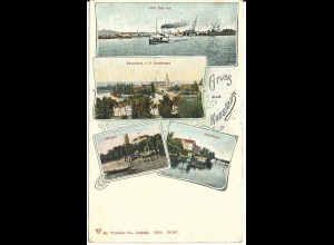 Gruss aus Konstanz ,1906 gebr. Mehrbild Litho AK m. Insel Hotel.
