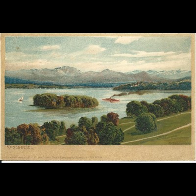Roseninsel, Starnberg See, gebr. Künstler Farb AK, Stempel Leoni