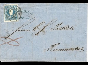 Österreich 1859, Brief m. 15 Kr. u. K1 + Firmenvorausentwertung v. Temesvar