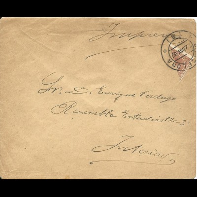 Spanien 1892, Diagonal Halbierung 10 C. auf Drucksache Brief v. Barcelona